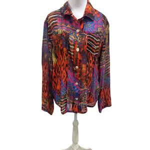 Chico’s 100% Silk Blouse Women’s  2 (L) Abstract Button Up Shirt Boho Artsy